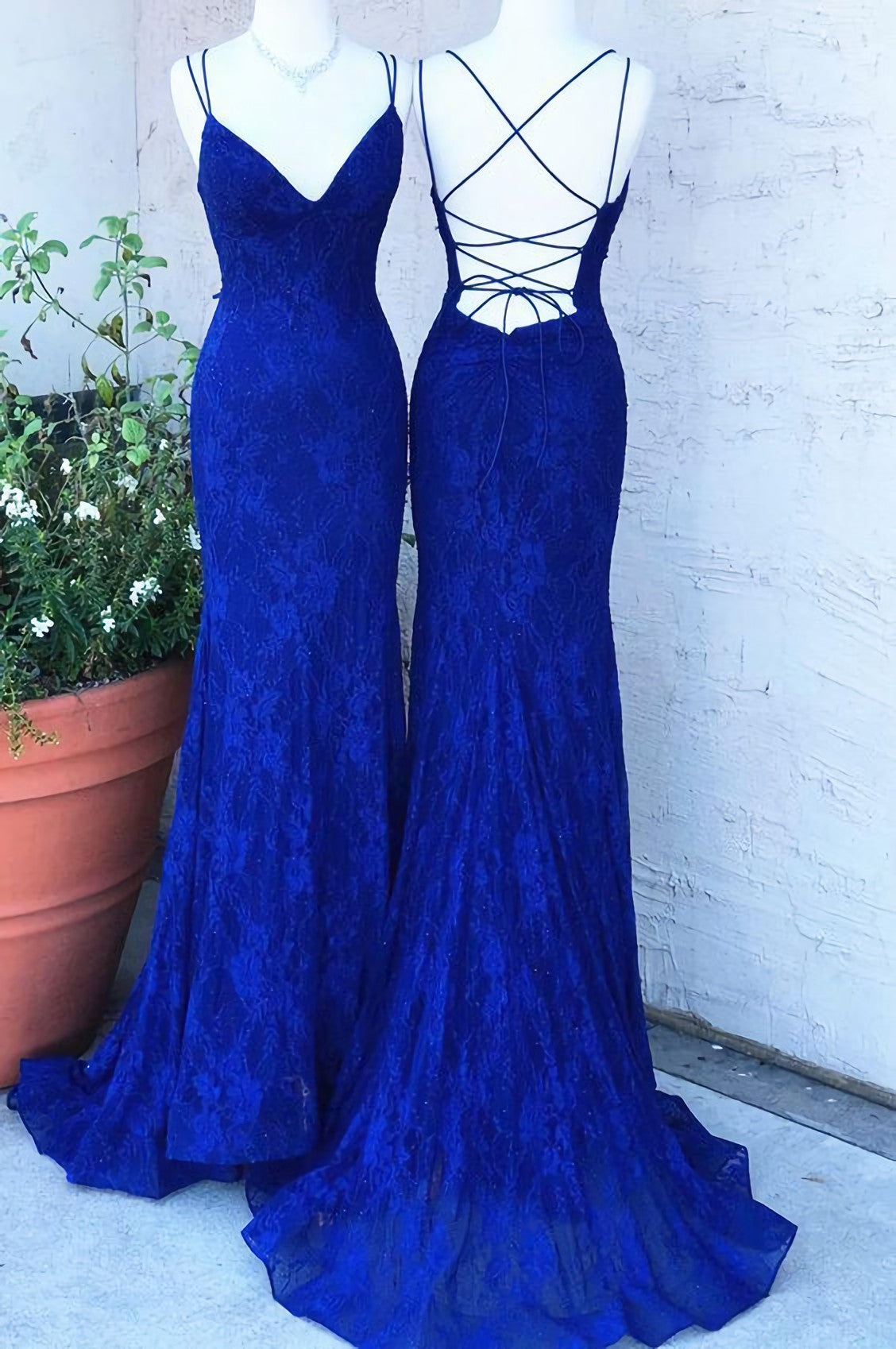 Party Dress Idea, Elegant Mermaid Royal Blue Lace Long Prom Dress, With Lace Up Back 2024 Long Prom Dress