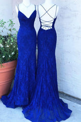 Party Dress Idea, Elegant Mermaid Royal Blue Lace Long Prom Dress, With Lace Up Back 2024 Long Prom Dress