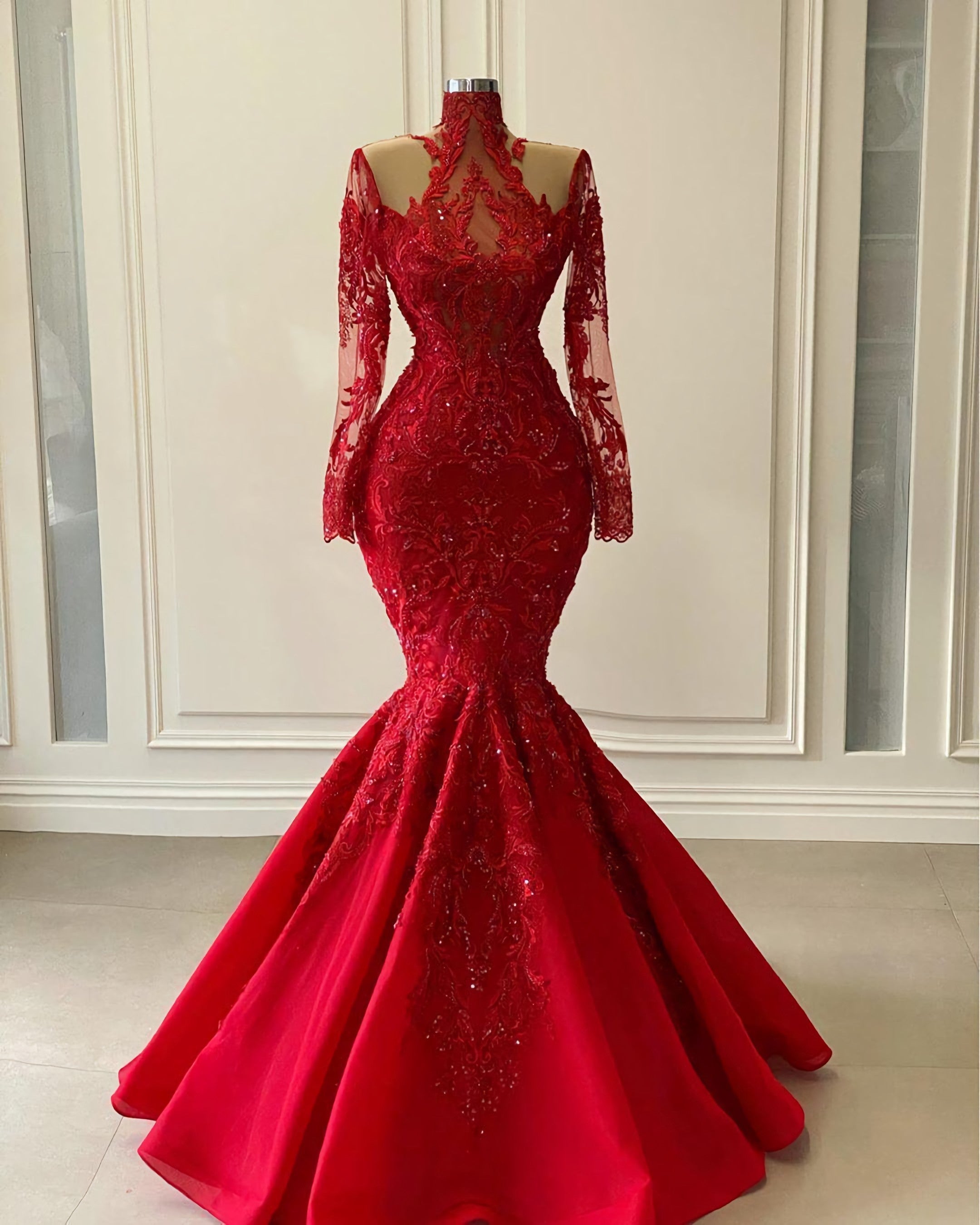 Party Dress Brands Usa, Red Luxurious Lace Beaded Evening Dresses 2024 Red Shiny Long Sleeve High Neck Mermaid Prom Gowns