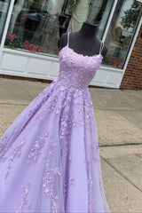Party Dress For Girl, A Line Lavender Lace Appliqued Long Prom Dress, Formal Gown