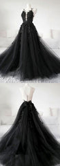 Party Dress Pinterest, Unique Black Tulle V Neck Sheer Back Lace Applique Evening Dress, Formal Dress, Long Prom Dress