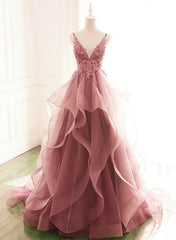 Cute Prom Dress, Dark Pink V Neck Tulle Lace Prom Dress, Spaghetti Strap Prom Dress, Ruffle A Line Formal Dress