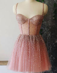 Bridesmaid Dresses Dusty Rose, A Line Spaghetti Straps Short Dresses, Dusty Pink Beaded Homecoming Dress