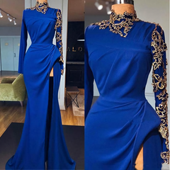 Party Dress A Line, Royal Blue Mermaid Prom Dresses, High Neck Long Sleeves Side Split Gold Appliques Evening Gowns
