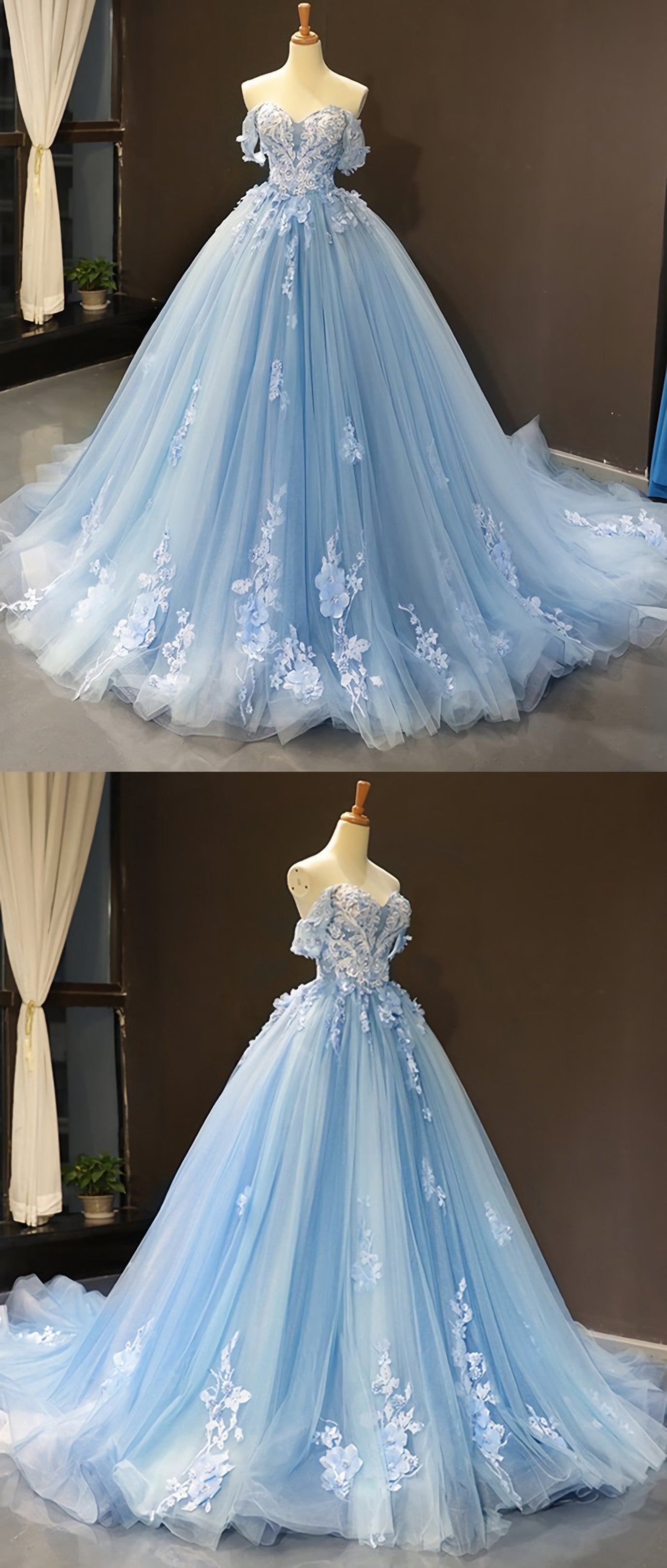 Party Dress Ball, Sky Blue Tulle Off Shoulder Sweetheart Neck Long Lace Applique Senior Prom Dress, Evening Dress