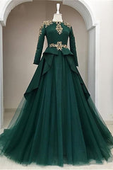 Party Dress Summer, Dark Green Satin Tulle O Neck Long Sleeve Arabic Formal Prom Dress, With Applique