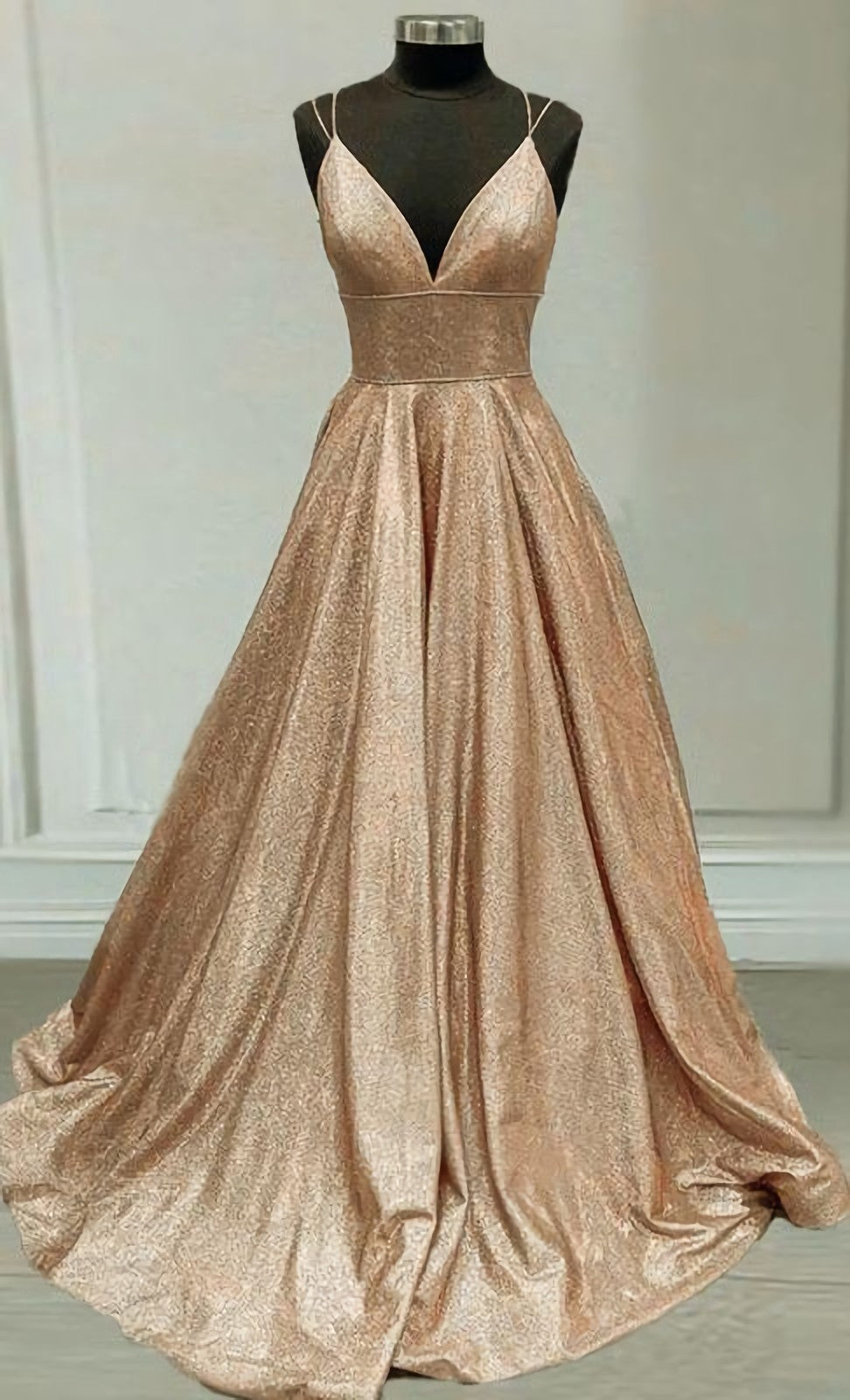 Party Dress Night Out, Sparkly Prom Dresses, Champagne Gold Ball Gown V Neck With Multi Straps