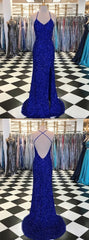 Party Dresses Winter, Trumpet Mermaid Royal Blue Long Prom Dresses, Spaghetti Straps Beading Evening Gowns