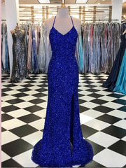 Party Dress Winter, Trumpet Mermaid Royal Blue Long Prom Dresses, Spaghetti Straps Beading Evening Gowns