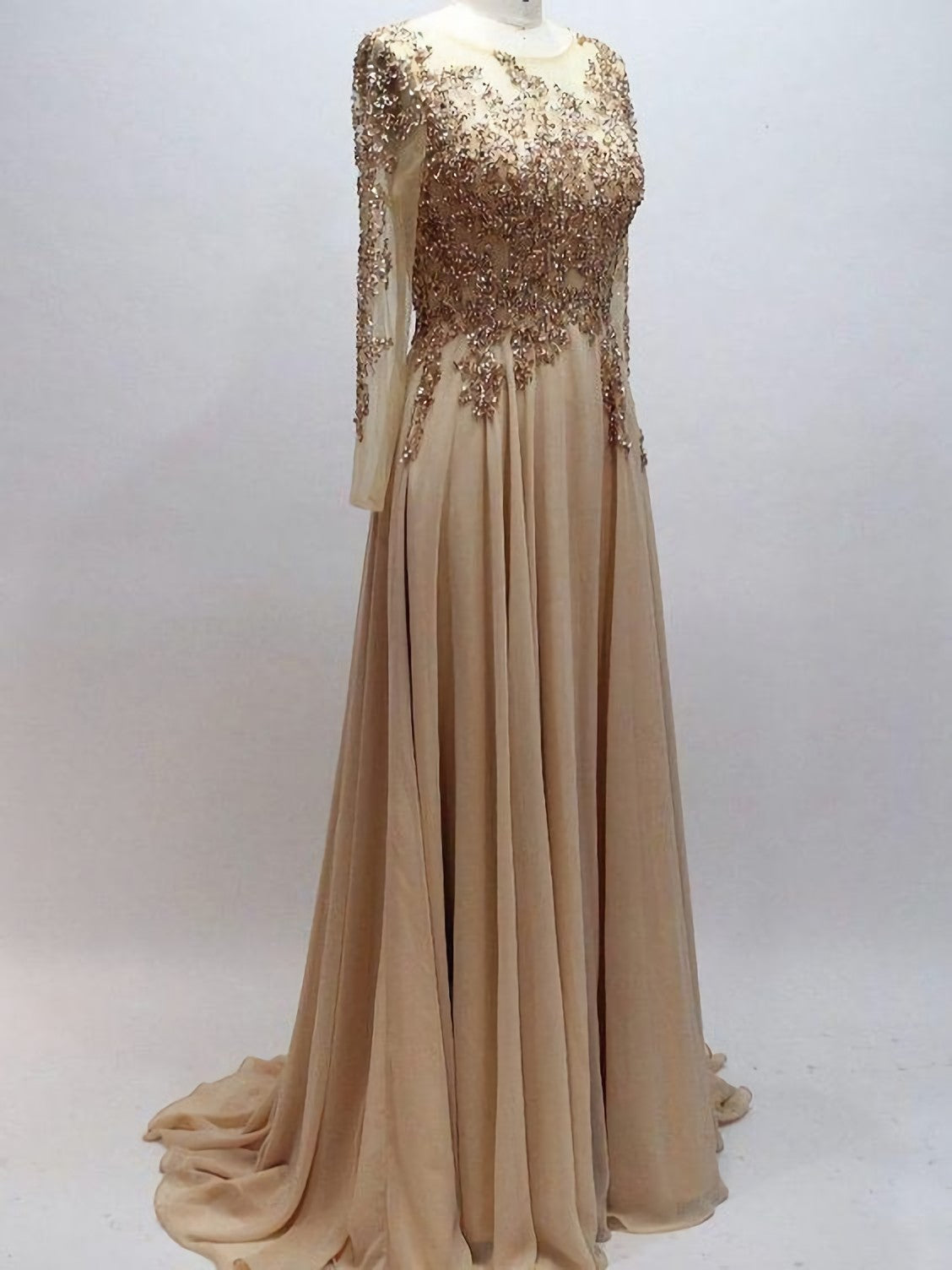 Party Dress Open Back, A Line Scoop Neck Chiffon With Beaded Long Sleeves Prom Dresses