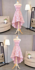 Bridesmaids Dresses Long Sleeves, Nice Pink High Low Lace Dress, Pink High Low Dress, Lace Dress, Homecoming Dress