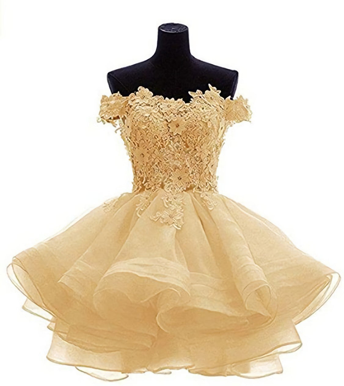 Bridesmaid Dresses Mismatched Neutral, Elegant Yellow Appliques Tulle Dress, Ruffles Off Shoulder Short Homecoming Dress