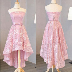Bridesmaid Dresses Long Sleeve, Nice Pink High Low Lace Dress, Pink High Low Dress, Lace Dress, Homecoming Dress
