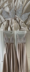 Party Dresses For Teenage Girls, Long Champagne Satin Bridesmaid Dresses, Plunge Neck Beaded Top Prom Evening Gown
