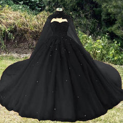 Wedding Dress 2024, Vintage Black Wedding Dress, Ball Gown For Gothic Weddings With Cape Prom Dress, Evening Dress