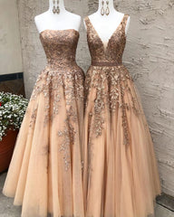 Party Dresses Design, Long Champagne Prom Dress, Sexy V Neck Strapless A Line Appliques Formal Party Dresses