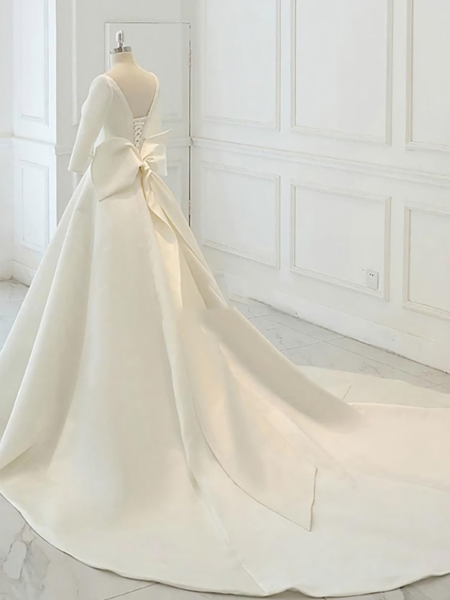 Wedding Dresses Online Shopping, White Satin Backless 3/4 Sleeve Wedding Dress, Party Prom Dresses