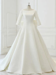 Wedding Dresses 2025, White Satin Backless 3/4 Sleeve Wedding Dress, Party Prom Dresses
