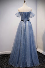 Prom 2033, Blue Tulle Long A Line Prom Dress, Evening Dress