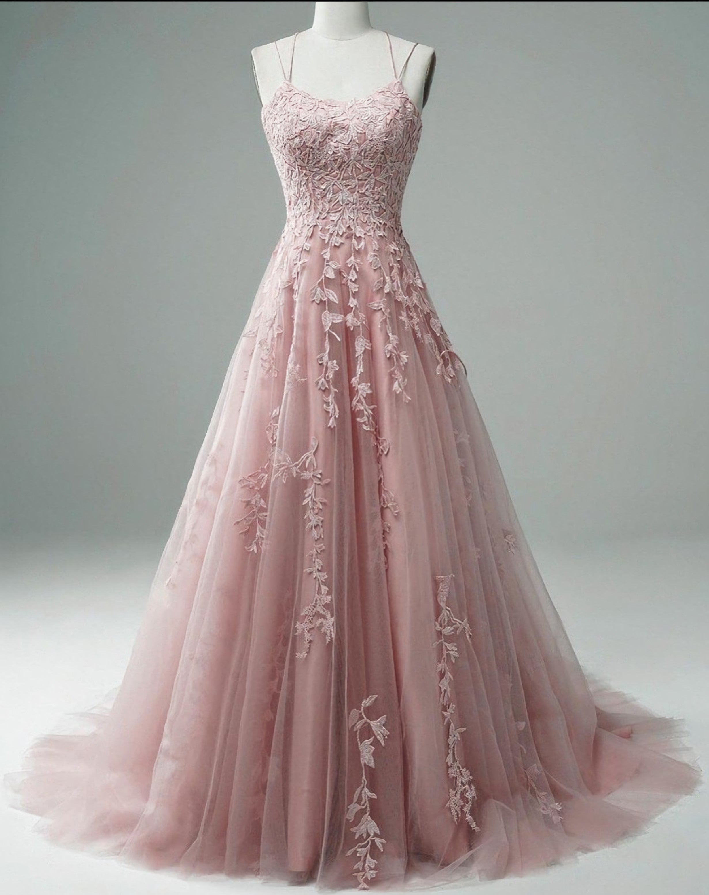 Party Dress Pink, Lace Applique A Line Elegant Spaghetti Straps Cheap Senior Prom Gowns