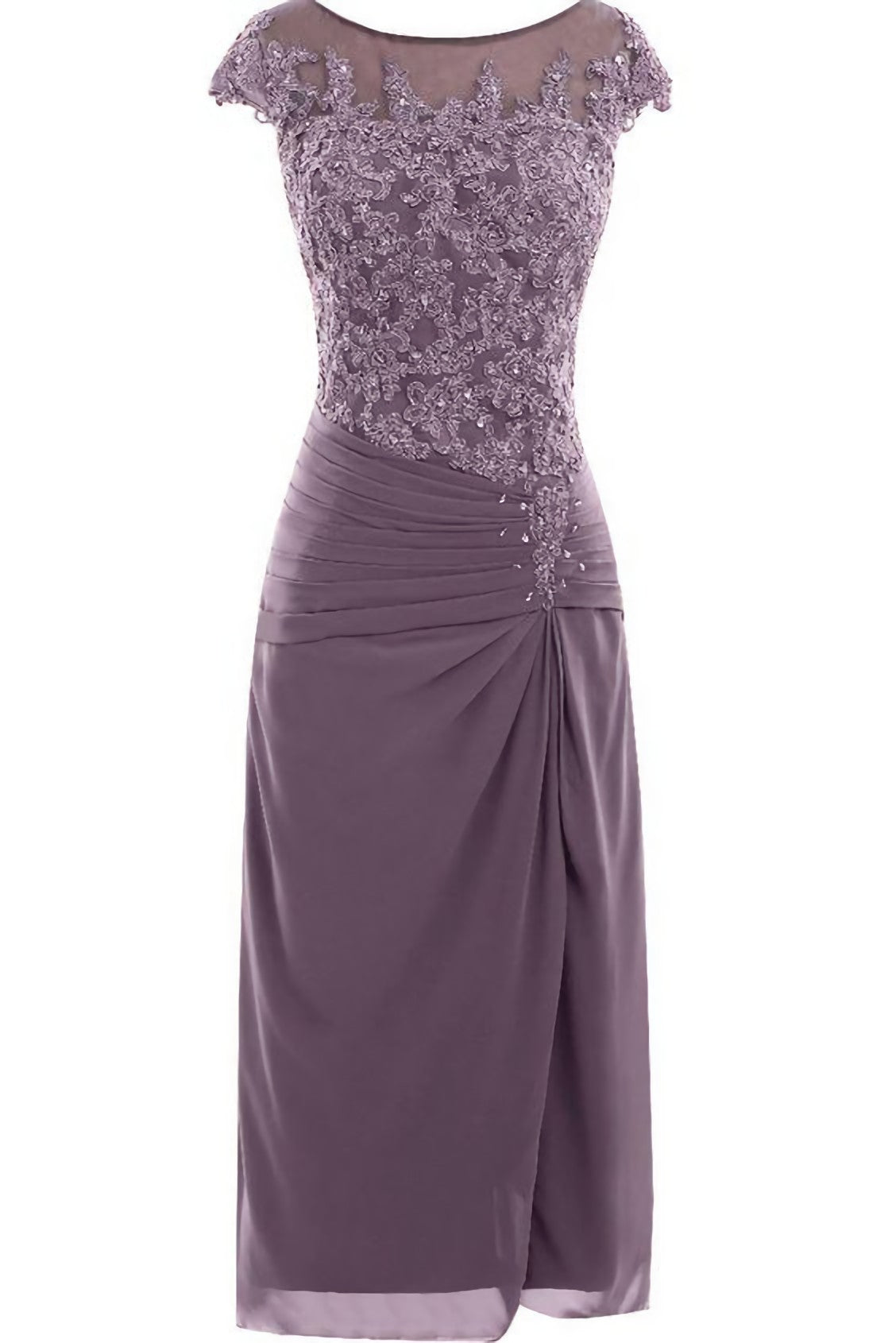 Party Dress Large Size, Knee Length Mauve Tight Chiffon Mother Of The Bride Prom Dress, With Cap Sleeves