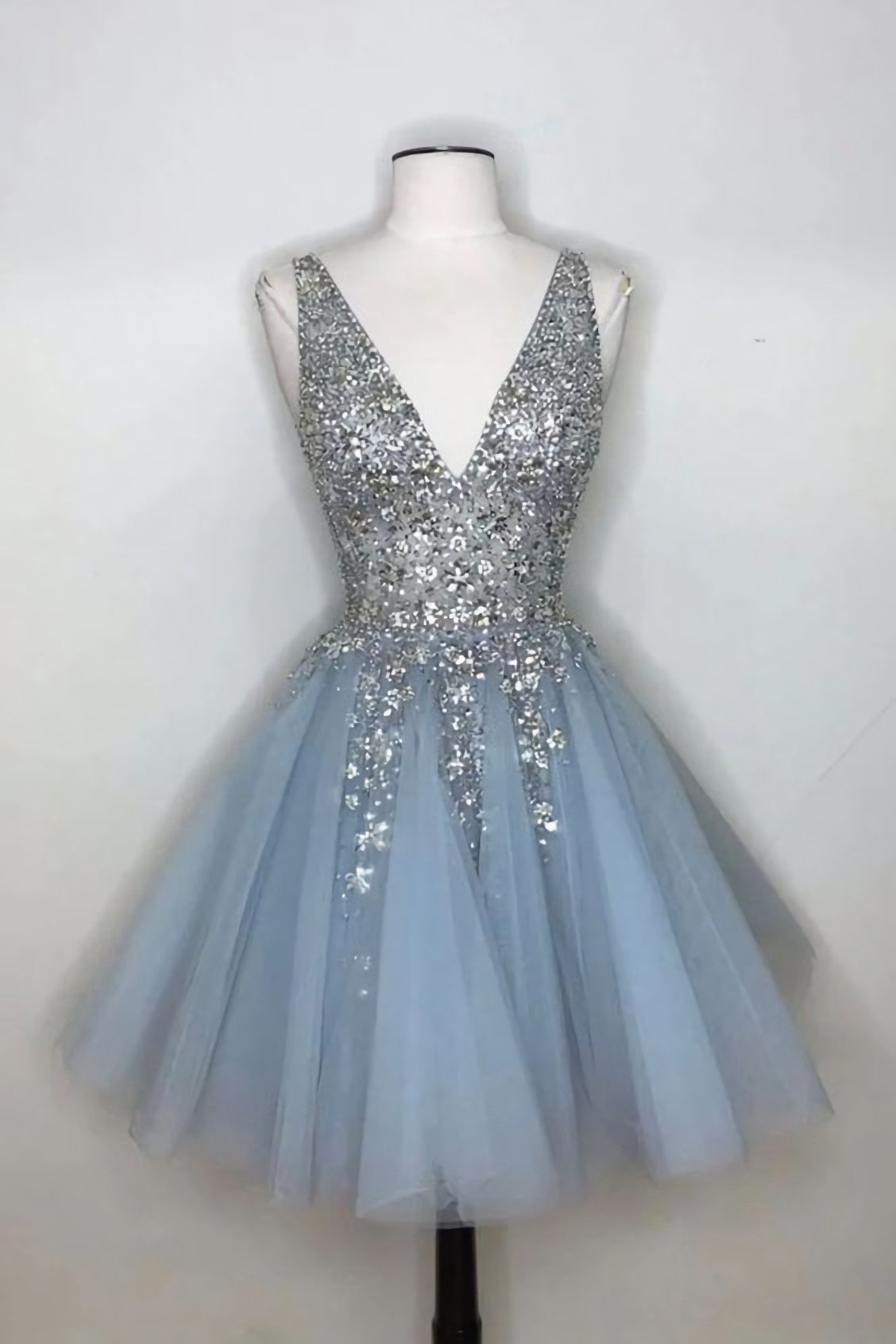Winter Wedding, Blue V Neck Tulle Sequin Short Dress, Blue Homecoming Dress