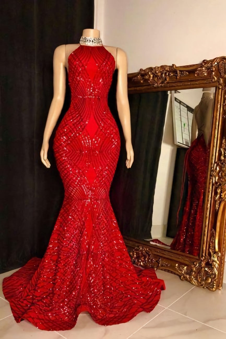 Winter Formal Dress Short, Halter Sleeveless Red Long Sequin Trumpet Prom Dresses