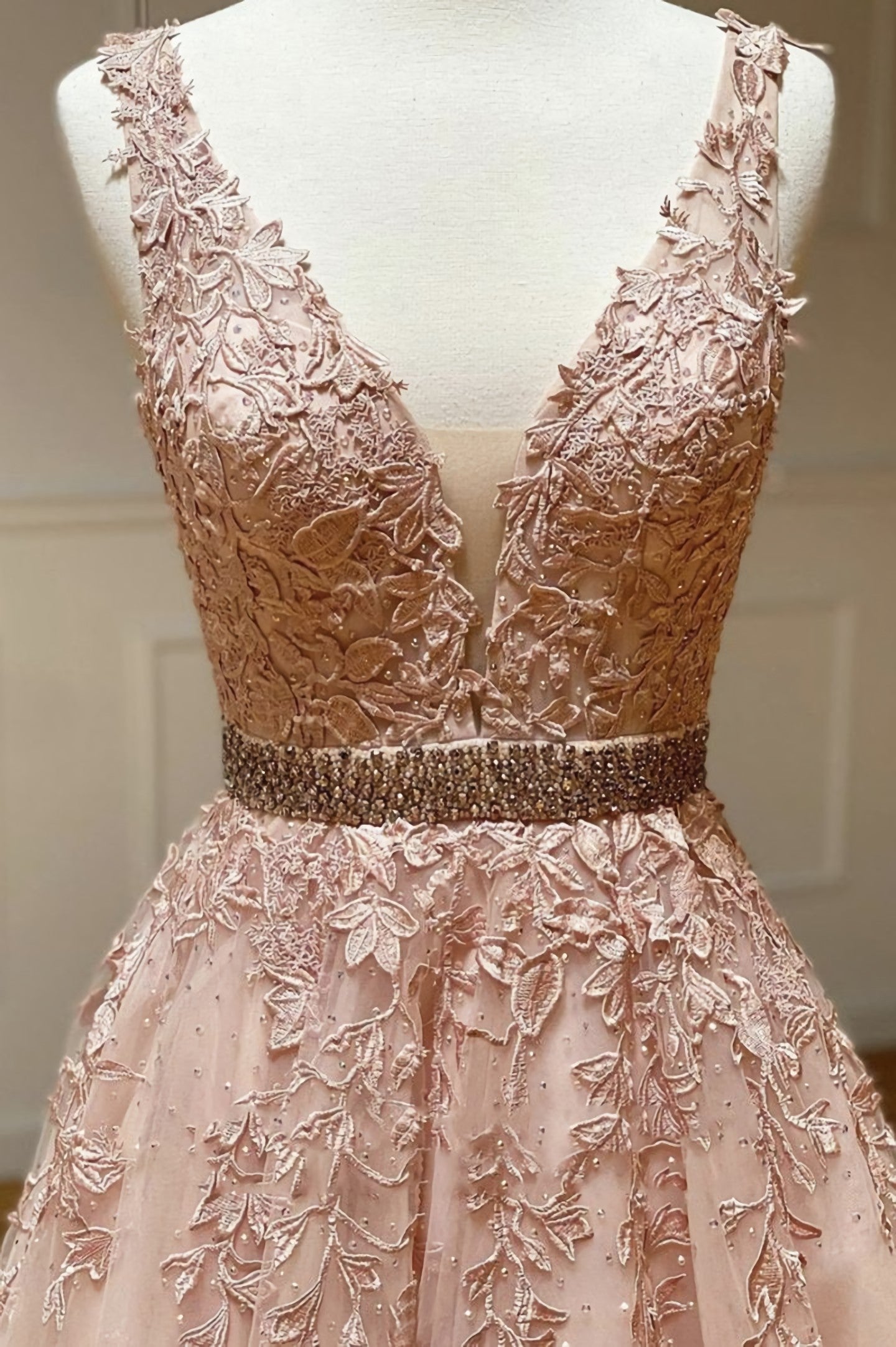 Party Dress For Christmas Party, Pink V Neck Lace Long A Line Prom Dress, Evening Dress