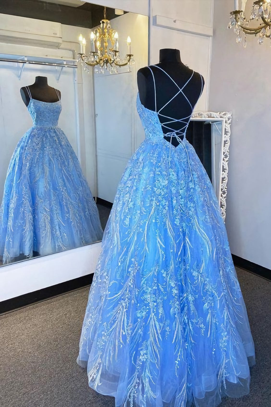 Party Dress Glitter, Elegant Straps Blue Appliqued Formal Dress, Prom Dress, Evening Dress