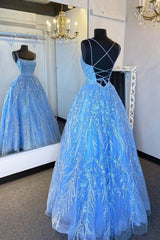 Party Dress Glitter, Elegant Straps Blue Appliqued Formal Dress, Prom Dress, Evening Dress