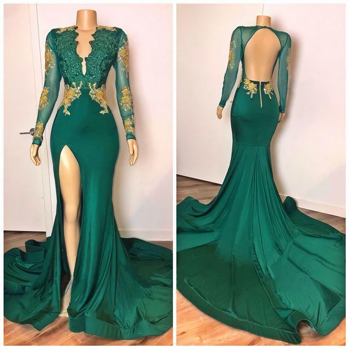 Party Dress Jeans, Green Long Sleeves V Neck Lace Mermaid Prom Dress