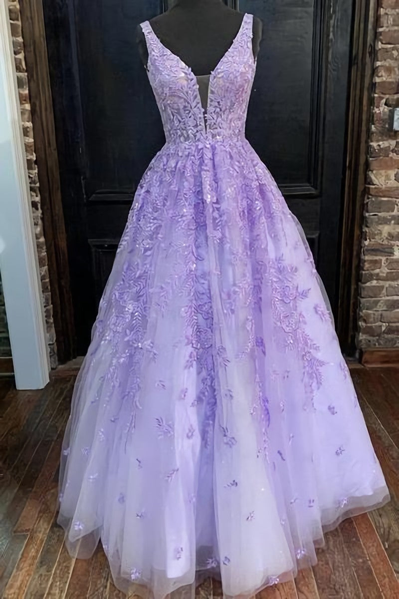 Party Dress Dress Code, V Neck Purple Lace Long Prom Dress, Long Purple Lace Formal Dress, Lilac Lace Evening Dress