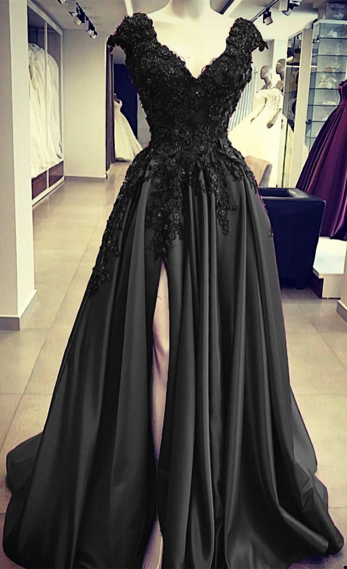 Dinner Dress Classy, Black Satin Slit Dresses, With Lace Embroidery Prom Dresses
