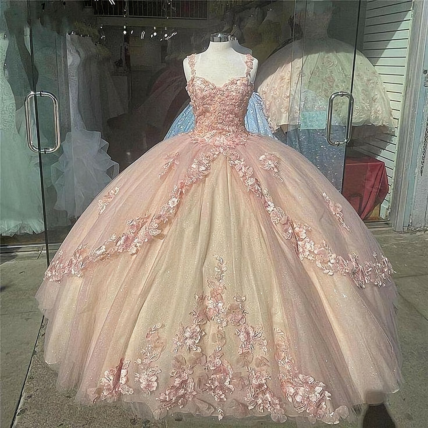 Party Dress Vintage, Pink Sparkly Quinceanera Prom Dresses, Lace Flower Sweet 16 Tulle Party Ball Gown