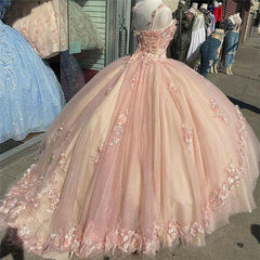 Party Dresses Vintage, Pink Sparkly Quinceanera Prom Dresses, Lace Flower Sweet 16 Tulle Party Ball Gown