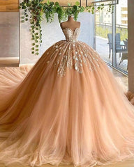 Party Dresses 2030, Applique Tulle Pleated Sweetheart Champagne Ball Gown Evening Dress