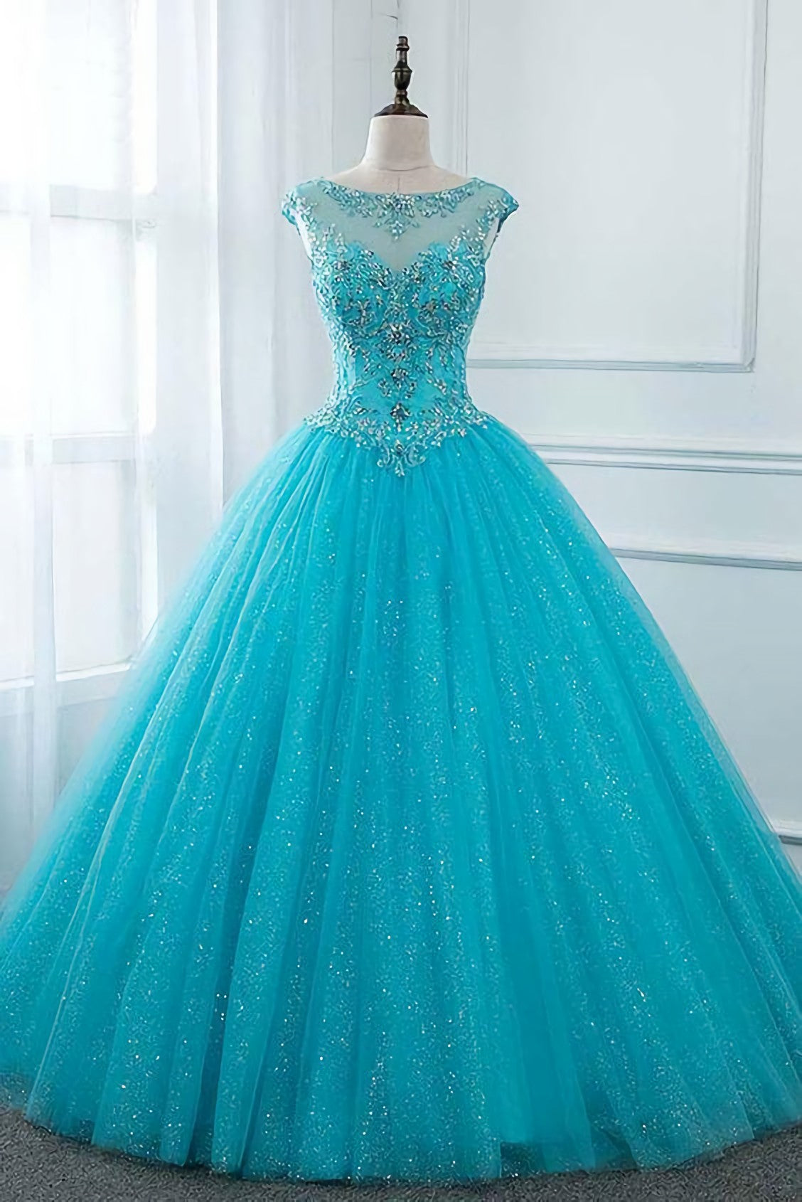Party Dresses Glitter, Elegant Long Ball Gown Quinceanera Dresses, Beaded Corset Prom Gown
