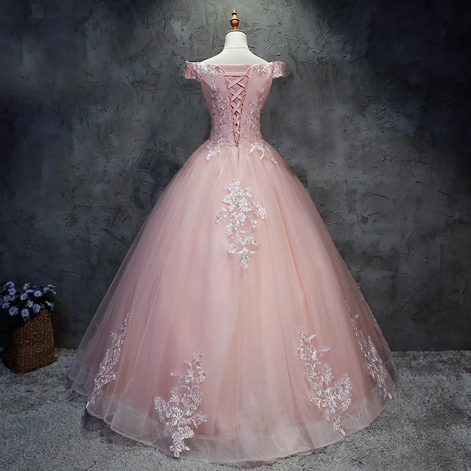 Party Dress Top, Pink Cap Sleeves Ball Gown Tulle With Lace Sweet 16 Prom Dresses, Long Quinceanera Dresses