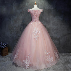 Party Dress Top, Pink Cap Sleeves Ball Gown Tulle With Lace Sweet 16 Prom Dresses, Long Quinceanera Dresses