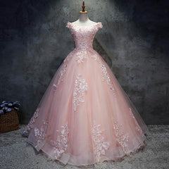 Party Dress Cocktail, Pink Cap Sleeves Ball Gown Tulle With Lace Sweet 16 Prom Dresses, Long Quinceanera Dresses