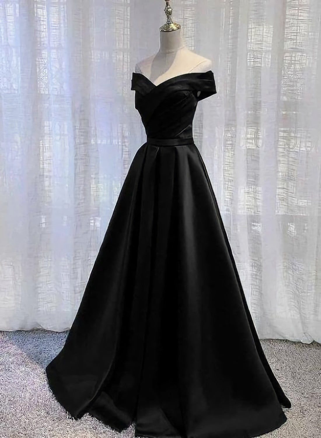 Party Dress New Look, Pretty Off Shoulder Black Satin A Line Party Dress, Formal Dress, Long Black Prom Dress