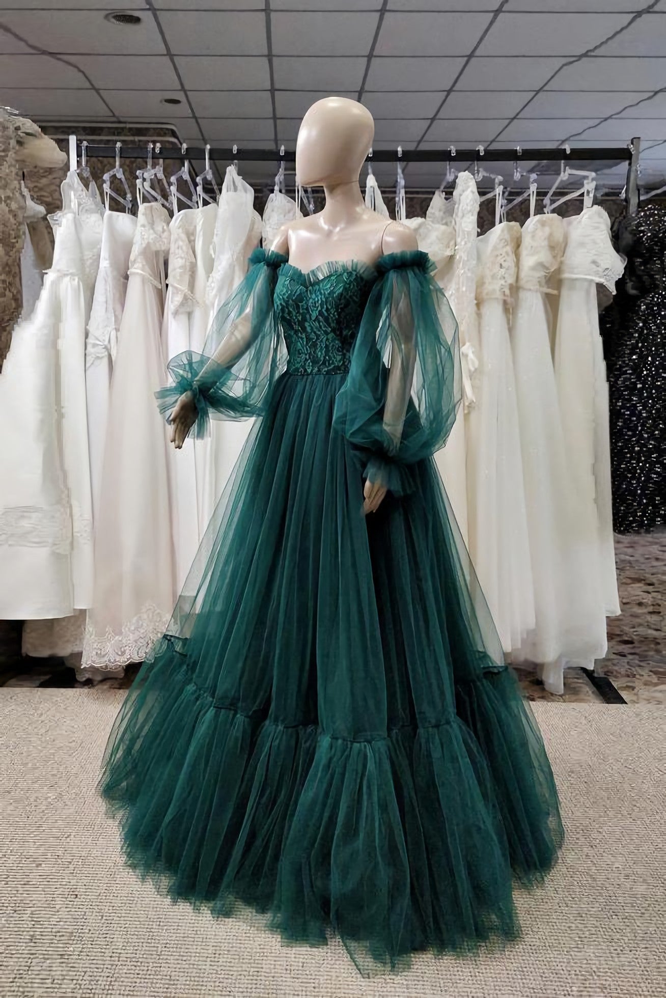 Party Dress And Style, Pretty Green Lace Prom Dresses, Puff Long Sleeves Off The Shoulder Lace Appliques Tulle Ball Gown