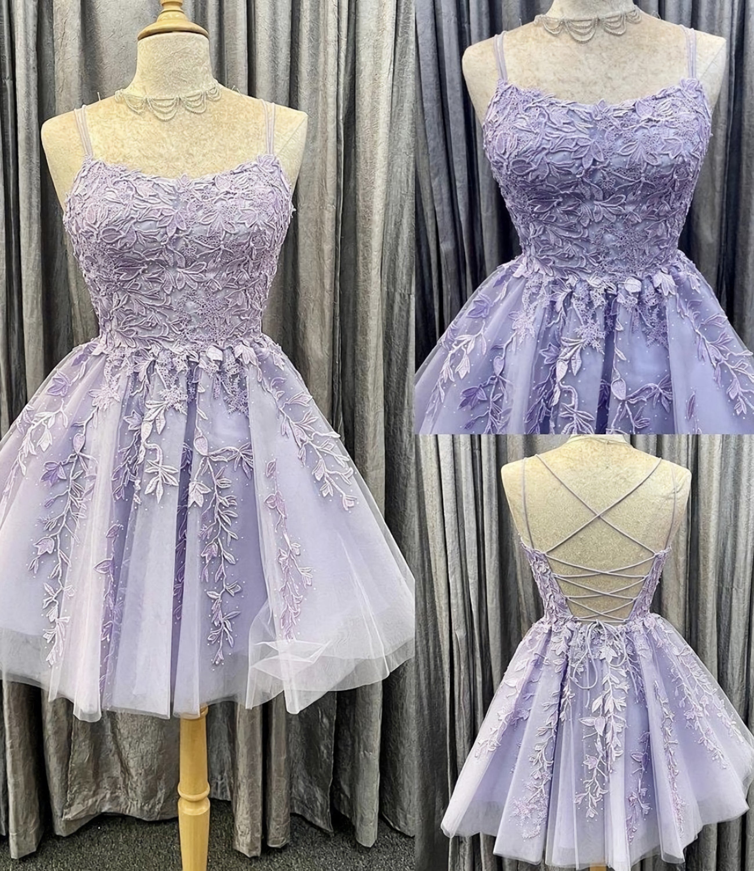 Bridesmaid Dress Purple, Purple Tulle Lace Short A Line Homecoming Dress, Evening Dress