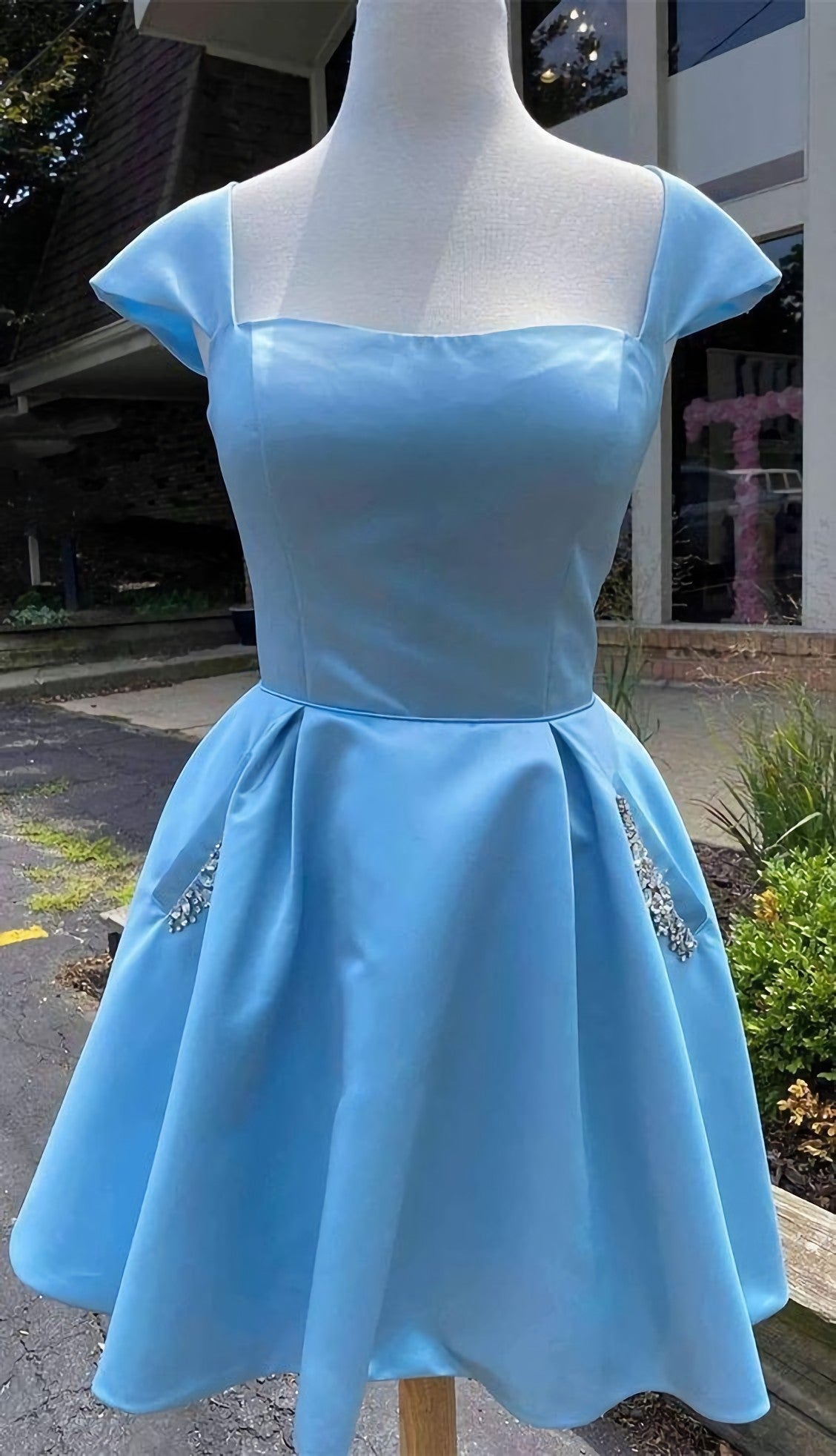 Bridesmaid Dresses Dusty Blue, Cap Sleeves Light Blue Satin Short Homecoming Dress, With Beaded Bodice