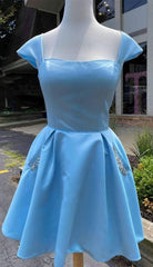 Bridesmaid Dresses Dusty Blue, Cap Sleeves Light Blue Satin Short Homecoming Dress, With Beaded Bodice