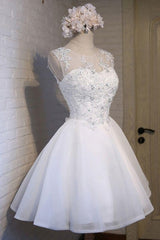 Black Tie Wedding, Glamorous A Line Scoop Neckline Short Homecoming Dresses, White Homecoming Dresses, With Sleeveless