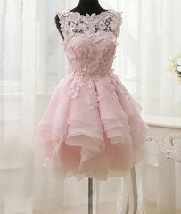 Ball Dress, Pink Appliques Organza Tiered Short Homecoming Dress, Simple Homecoming Dresses