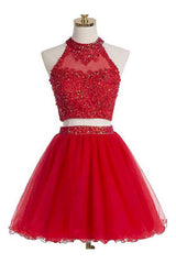 Engagement Photo, Two Piece Scoop Short Red Organza Beaded Homecoming Dress, With Appliques Sequins
