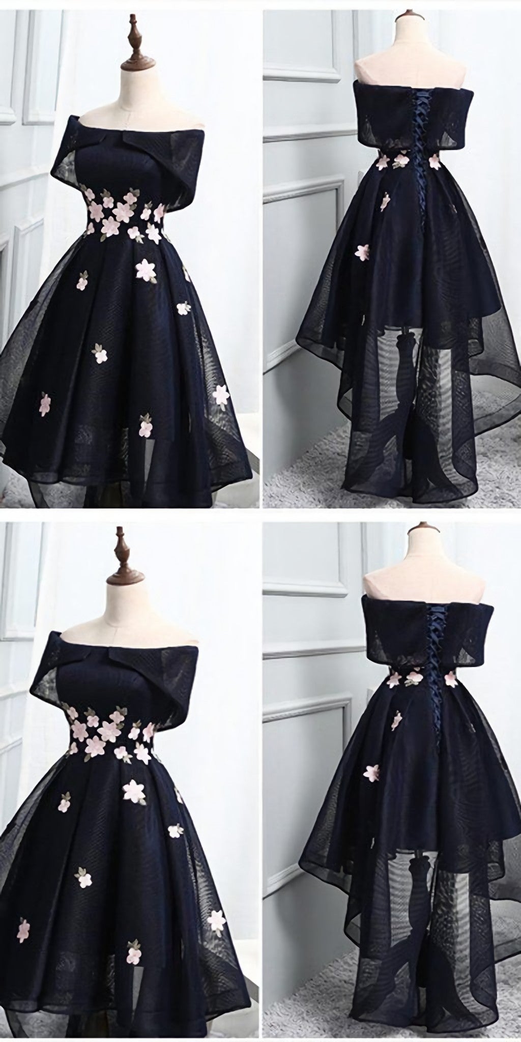 Summer Wedding Color, Off The Shoulder Black Organza Homecoming Dresses, With Handmade Flower Short Homecoming Dresses