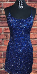 Spring Wedding, Sparkly Sequin Royal Blue Sheath Homecoming Dress